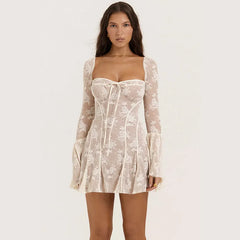 White Square Neck Lace Mesh Long Sleeve Mini Dress - Free From Label