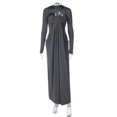 Long Sleeve Draped Tie Neck Maxi Dress