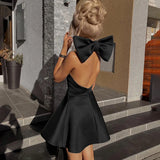 Big Bow Pleated Solid Splice Halter Neck Mini Dress