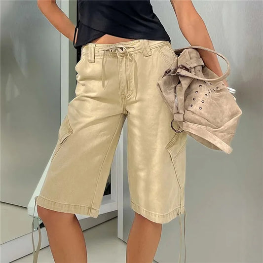 Low Waist Cargo Drawstring Knee Length Pants with Pockets