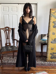 Black Sheer Layer V-neck Embroidery Ruffled Hem Mini Dress