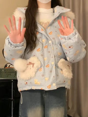 Blue Printed Puff Teddy Hooded Parka Jacket