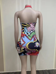 Pop Art Comic Print Halter Bodycon Mini Dress