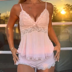 Lace Patchwork V-Neck Top And Shorts Set