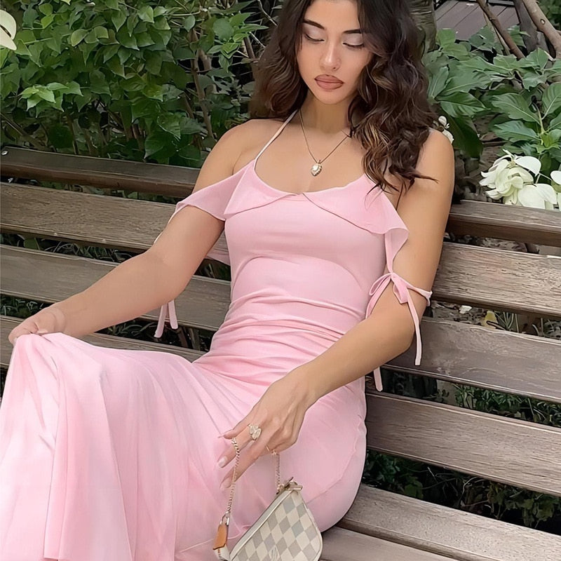Pink Off-shoulder Tie-Up Maxi Dress