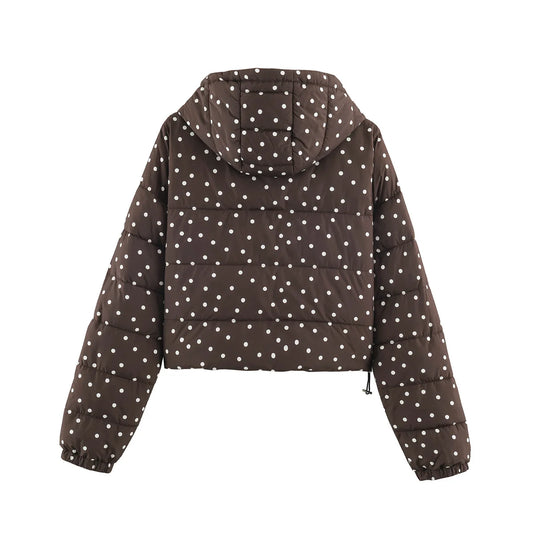 Polka Dot Zip Up Drawstring Hem Hooded Jacket