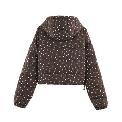 Polka Dot Zip Up Drawstring Hem Hooded Jacket
