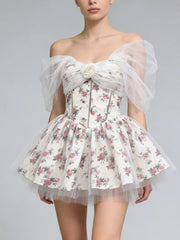 3D Flower Embellished Floral Print Tulle Mini Dress