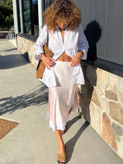 Satin Lace Trim Midi Skirt