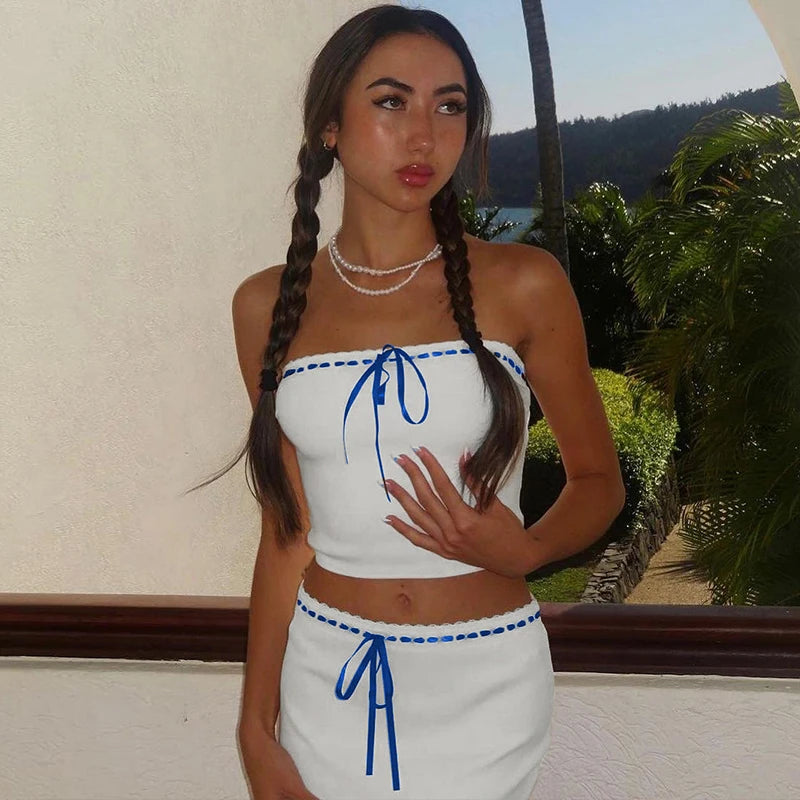 White Tube Top With Blue Ribbon And Mini Skirt Set