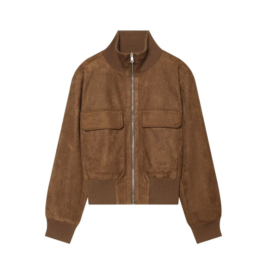 Brown Faux Suede Stand Collar Zip Up Bomber Jacket