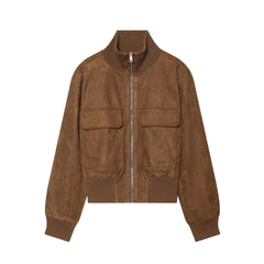 Brown Faux Suede Stand Collar Zip Up Bomber Jacket