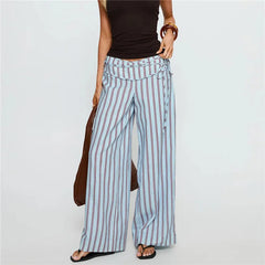 Striped/Solid Mid Rise Wide Leg Trousers