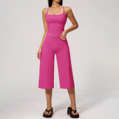 Solid Cami Removable Pads Top And Wide Leg Cropped Pants Set