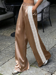 Satin Lace Trim Elastic Waist Wide Leg Pants