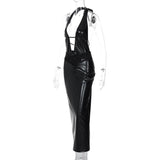 Black Faux Leather Deep V-Halter Backless Maxi Dress