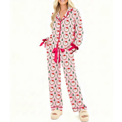 Christmas Bow Tie Ruffle Long Sleeve Shirt with Pants Pj Set