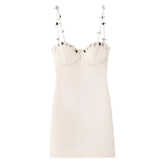Beige 3D Flower Strap Mini Dress