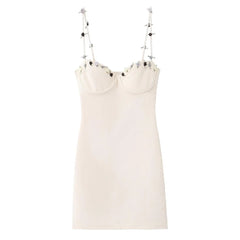 Beige 3D Flower Strap Mini Dress