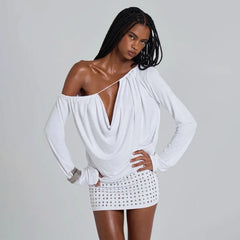 White Off-Shoulder Long Sleeve Studded Mini Dress