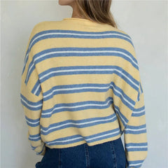 Striped Button Up Long Sleeve Crew Neck Sweater
