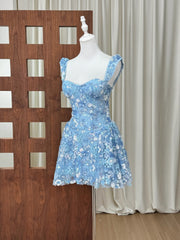 Floral Embroidered Sequin Ruffle Strap Mini Dress