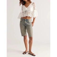 White Lace Bell Sleeves Ruffle Hem Cropped Blouse