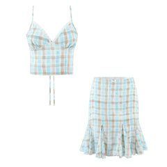 Plaid Print Bow Crop Top And Ruffles Hem Midi Skirt Set