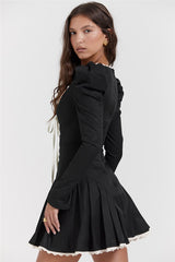 Lace Tie-Up Black Puff Long Sleeve Mini Dress - Free From Label