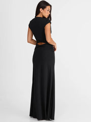 Black Twist Ruched Waist Cut Out Cap Sleeve Maxi Dress