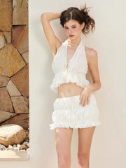 Halter Ruched Tie Up Crop Top And Mini Skirt Set