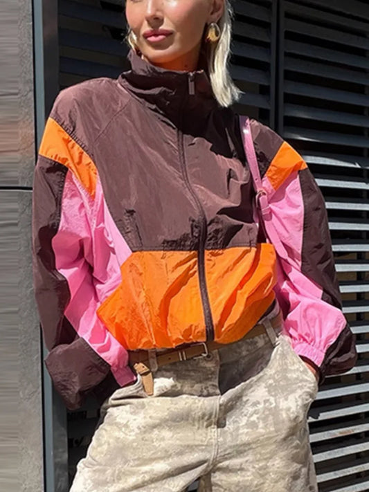 Color Block Collared Zip Up Jacket