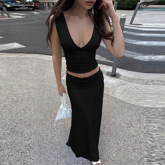 Deep V-Neck Sleeveless Ruched Top And Long Skirt Set