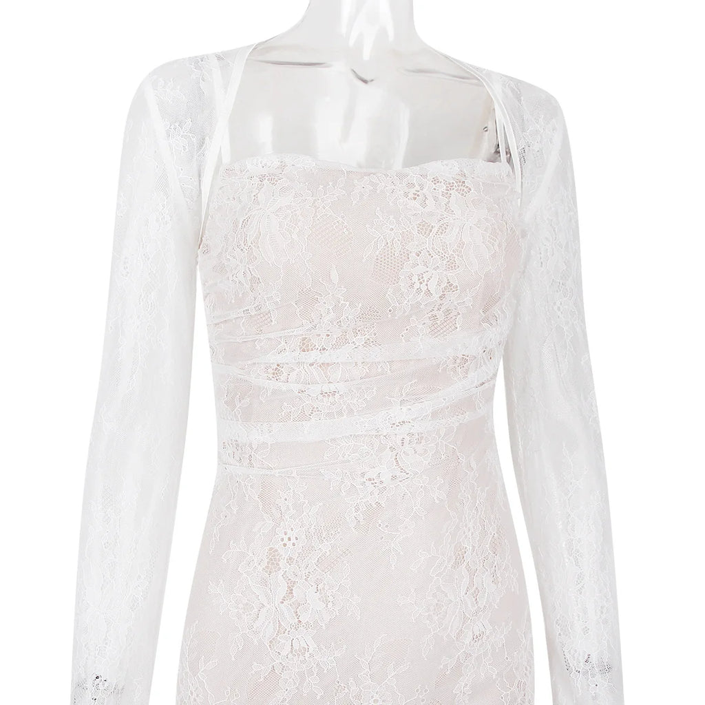 White Lace Print Long Sleeve Maxi Dress