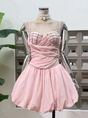 Spaghetti Strap Beaded Bust Ruched Waist Puff Hem Corset Mini Dress