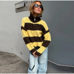 Striped Zip Up Collar Sweater