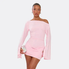 Pink Off-Shoulder Long Sleeve Ruched Mini Dress