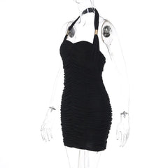 Black Halter Metal Buckle Ruched Mini Dress