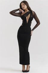 Mesh Long Sleeve Bodycon Deep Neck Maxi Dress - Free From Label