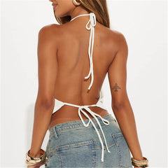 Deep Plunge Halter Neck Sleeveless Open Back Tie Top