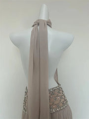 Grey Rhinestone Waist Band Detail Tie Up Backless Mesh Maxi Dress