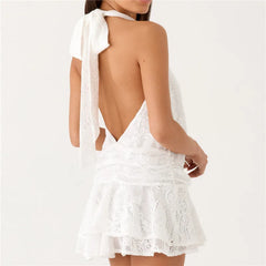 White Lace Halter  Backless Tie Mini Dress