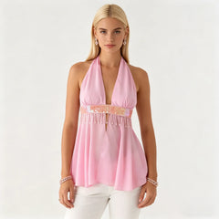 Pink Halter Neck Sequins Tassel Sheer Tank Top