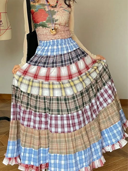 Women's plaid patchwork ruffles maxi skirt with A-line silhouette.

