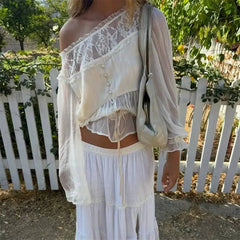 White Lace Trim Off-shoulder Ruffle Cuff Lantern Sleeve Top