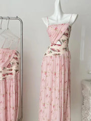Pink Floral Pleated Slip Long Dress