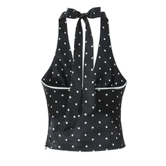 Satin Black Polka Dot Bow Halter Tank Top And MIDI Skirt Set