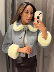 Grey Button Up Fur Trim Collar Crop Jacket And Shorts Set