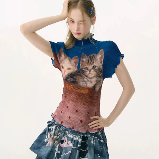 Cat Printed High Collar Ruffled Hem Short Sleeve Top