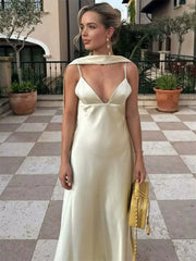 Satin Cami Long Dress With Neck Scarf